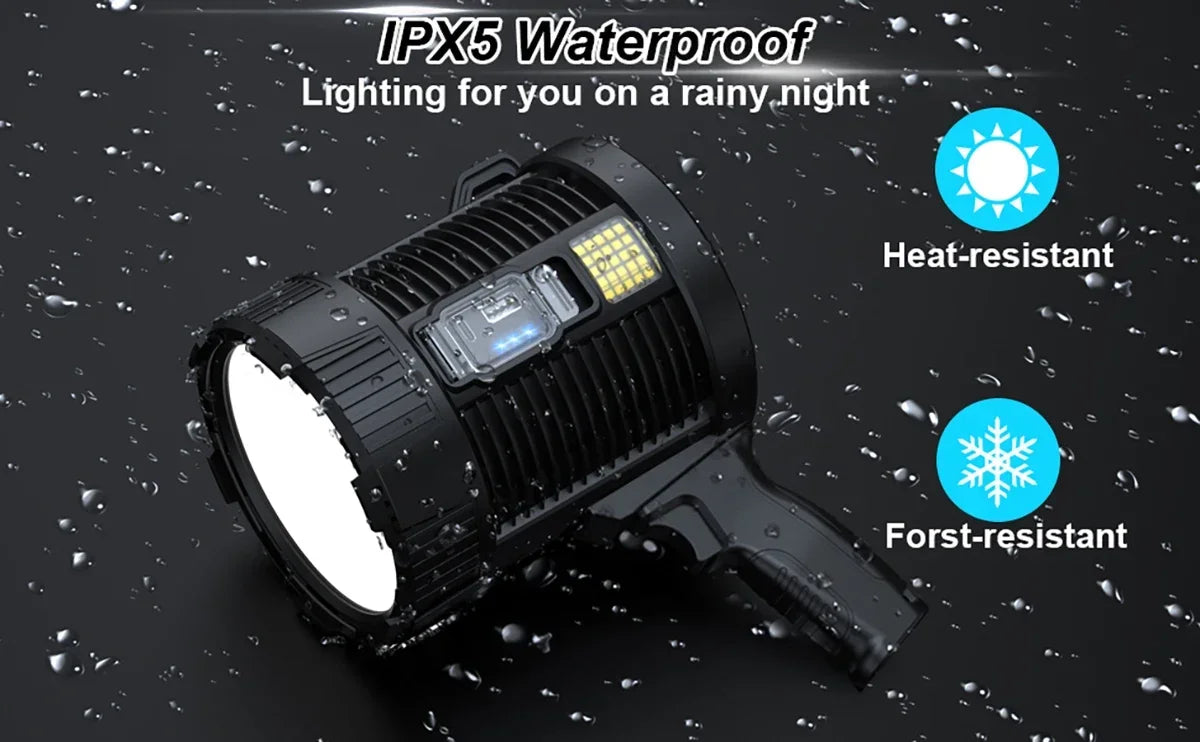 Rechargeable 900,000 Lumens LED Spotlight – Super Bright Handheld Outdoor Flashlight & Solar Searchlight