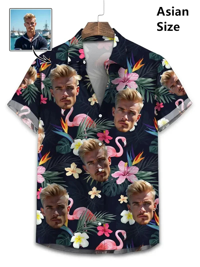 Men’s Custom Face Print Hawaiian Shirt - 3D Beer Design Vintage Y2K Short Sleeve Beach Top
