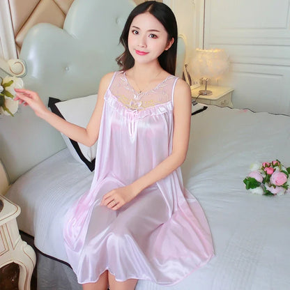 Midnite Star Women’s Ice Silk Sleepwear Set – V-Neck Lace Nightdress Pyjamas, Homewear Nightgown, Plus Size