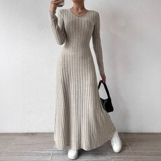 Knitted Long Sleeve A-Line Dress - Women's Slim Fit Solid Color Streetwear Maxi Dress with Elegant Silhouette