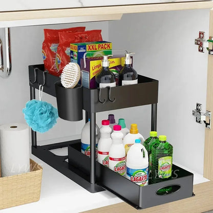 2-Tier Under Sink Organizer - Sliding Cabinet Basket with Hooks, Hanging Cup for Bathroom and Kitchen Storage