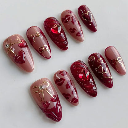 24PCS Strawberry Bow Press On Nails - Red Short Almond Pearl Starlight Floral False Nail Art Tips