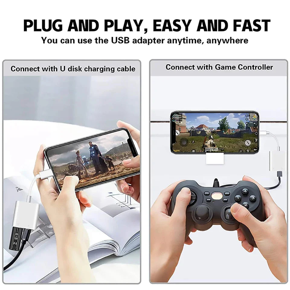 OTG Adapter Lightning to USB 3.0 – Fast Charge & Data Converter Cable for iPhone 14/13/12/11/X/XS/XR/8, USB-C Splitter Compatible