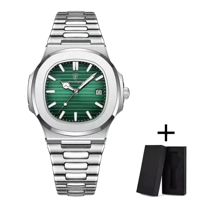 POEDAGAR Luxury Men's Watch – 30ATM Waterproof, Stainless Steel Square Quartz, Luminous Date, Business reloj hombre