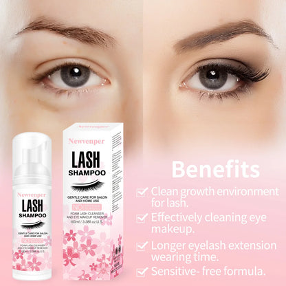 100ML Eyelash Lash Shampoo with Brush & Mascara Wand – Foaming Eyelid Cleanser for Extensions & Makeup Removal