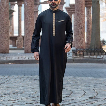 Men’s Embroidered Arabian Thobe - Traditional Islamic Long Sleeve Robe with Stand Collar