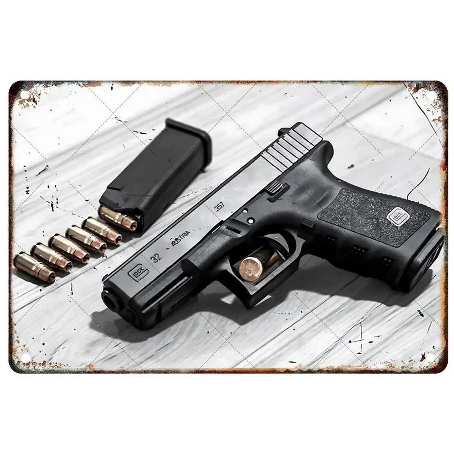 Pistol Metal Wall Sign - Military Style Decoration for Man Cave Home Cafe Bar Garden