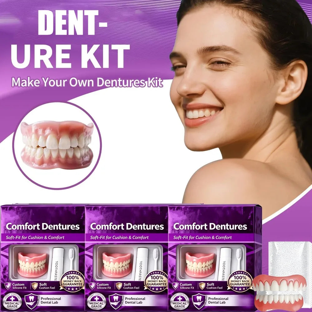 Full Set Natural Dentures - Upper & Lower Silicone Fake Teeth for Instant Smile & Oral Care