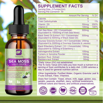 BEWORTHS Sea Moss & Soursop Graviola Extract Drops – Immunity, Kidney Health, Digestion & Antioxidant Support
