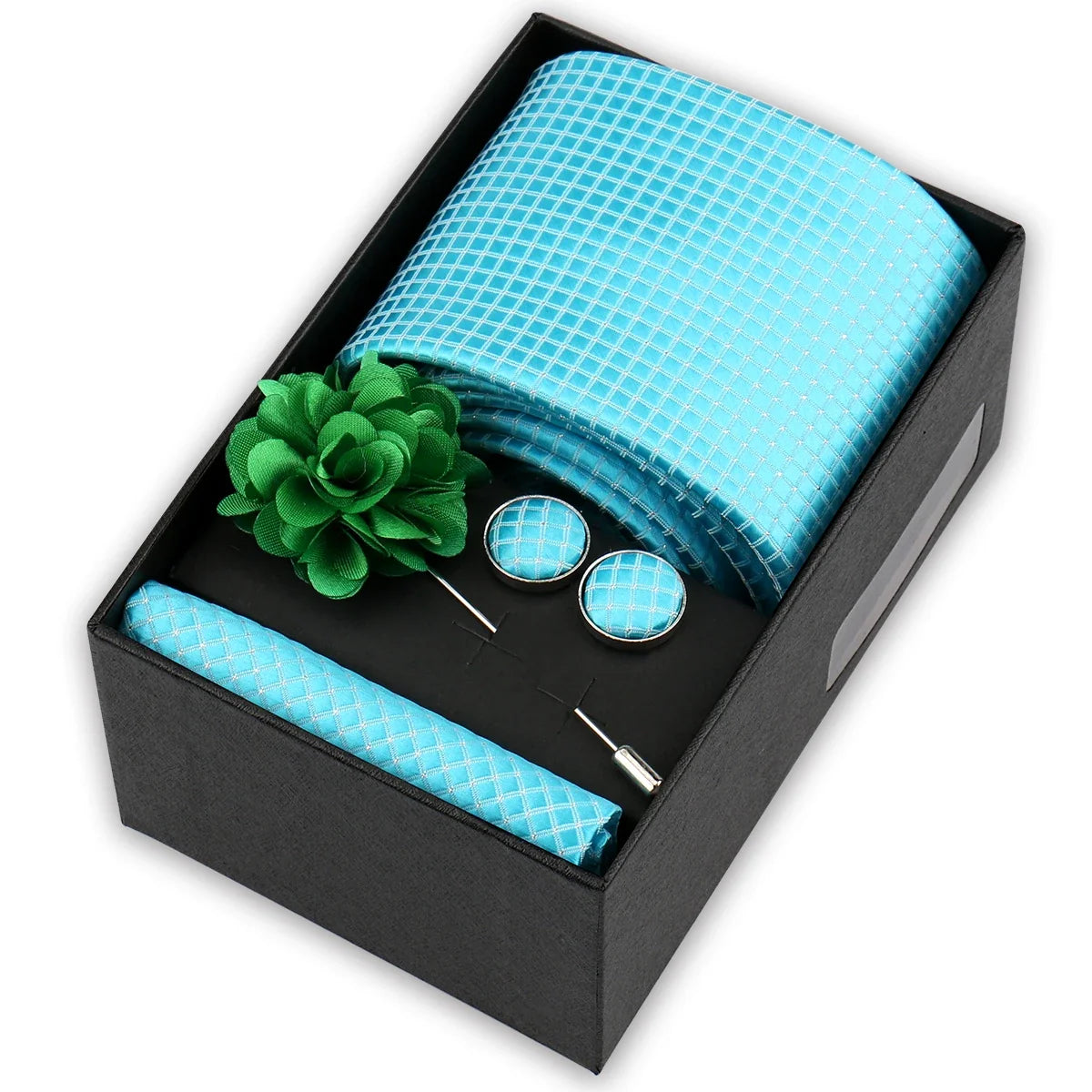 Men’s 4-Piece Tie Set Gift Box - Elegant Necktie with Handkerchief, Cufflinks & Brooch for Business, Wedding & Suit Accessories