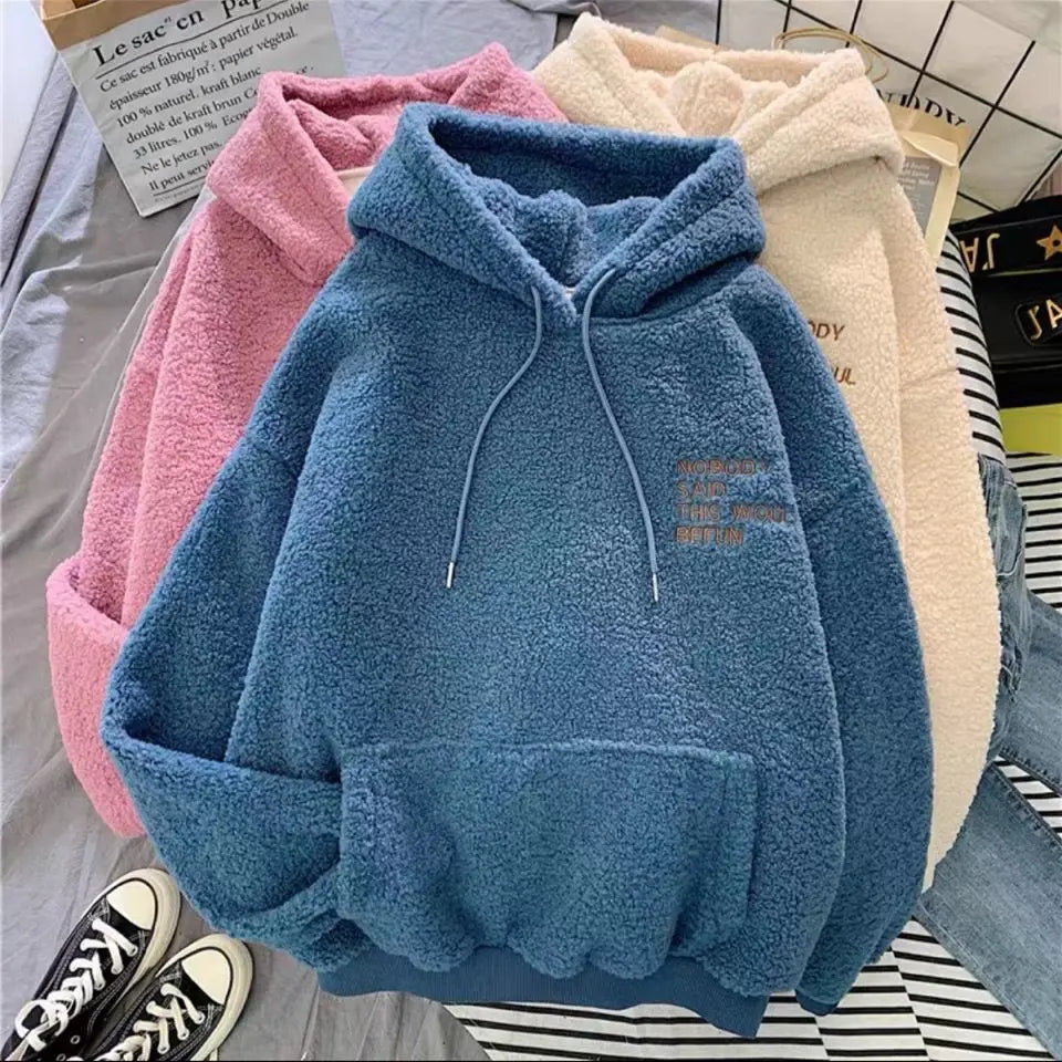 Women's Warm Fluffy Hoodie - Autumn Winter Lamb Wool Fleece Pullover Sweatshirt with Letter Print