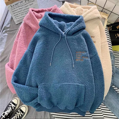 Women's Warm Fluffy Hoodie - Autumn Winter Lamb Wool Fleece Pullover Sweatshirt with Letter Print