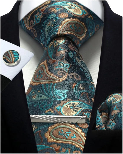 100% Silk Paisley Floral Necktie Set for Men - Premium Business Tie with Pocket Square Tie Clip Cufflinks Gift Box