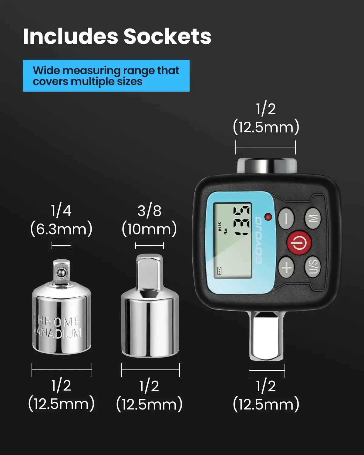 GOYOJO Digital Torque Wrench Adapter | Precision Electronic Tool Converter with LCD Display, Includes 1/2" & 1/4"