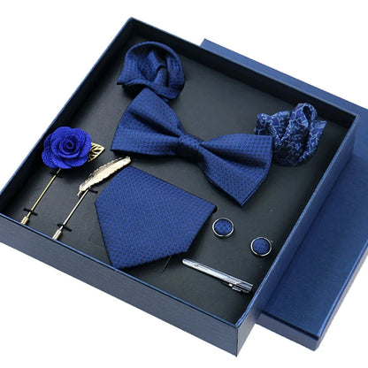 Men’s Luxury Silk Tie Set - 8cm Wedding Necktie with Bowtie, Pocket Square, Cufflinks & Floral Gift Box Accessories
