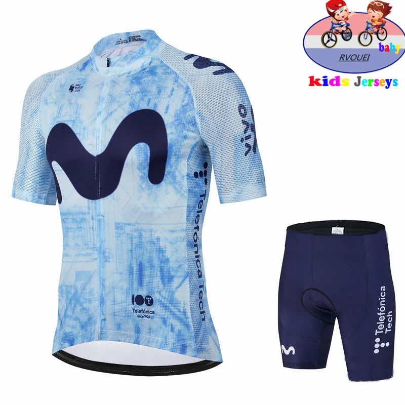 Kids Cycling Jersey Set - Baby Movistar Team Style Road Bike Shirt and Pants Suit for Boys and Girls MTB Riding
