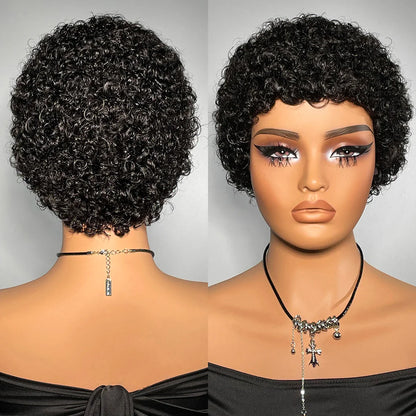 99J Short Curly Pixie Human Hair Wig - Full Machine Made, Affordable Kinky Curls on Clearance