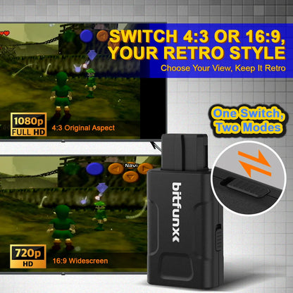 Bitfunx Mini HDMI Adapter 720P/1080P – Auto 4:3/16:9 S-Video & Composite Converter for N64, SNES, SFC, NGC Game Consoles