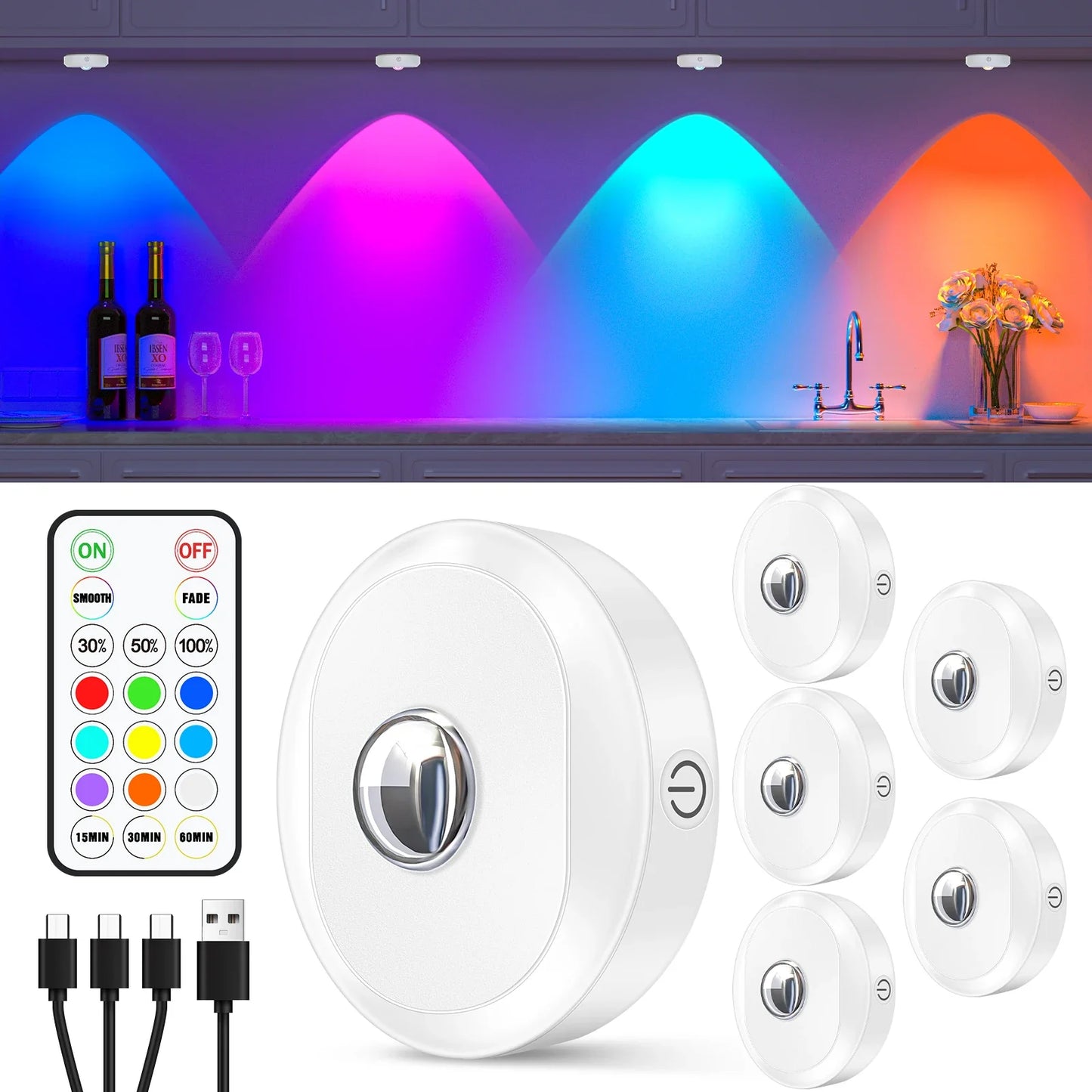 WILLED 6PCS RGB Rechargeable LED Night Lights – Remote Control, Dimmable & Timer Function for Kitchen, Cabinet & Shelf Lighting