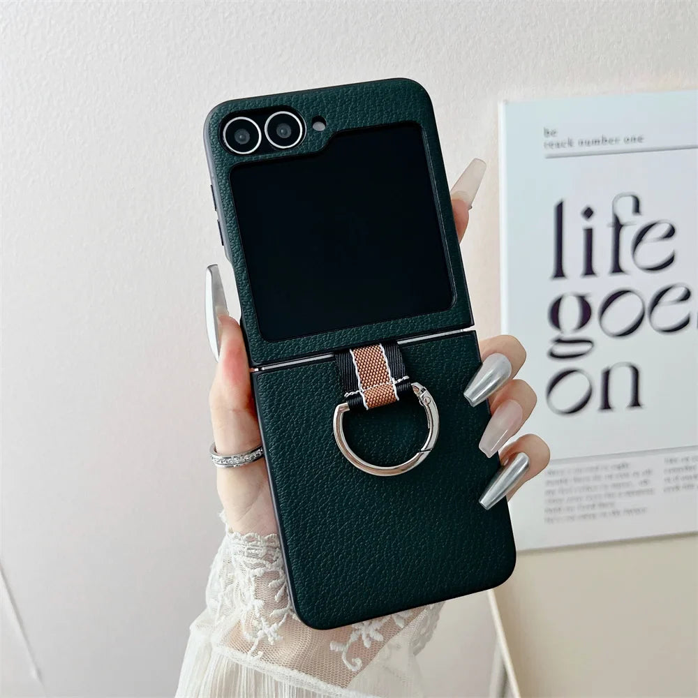 Ultra-Thin Ring Holder PU Leather Luxury Case for Samsung Galaxy Z Flip 6 / 5 / 4 / 3 – Slim Flip Phone Protective Cover with Kickstand Grip Design