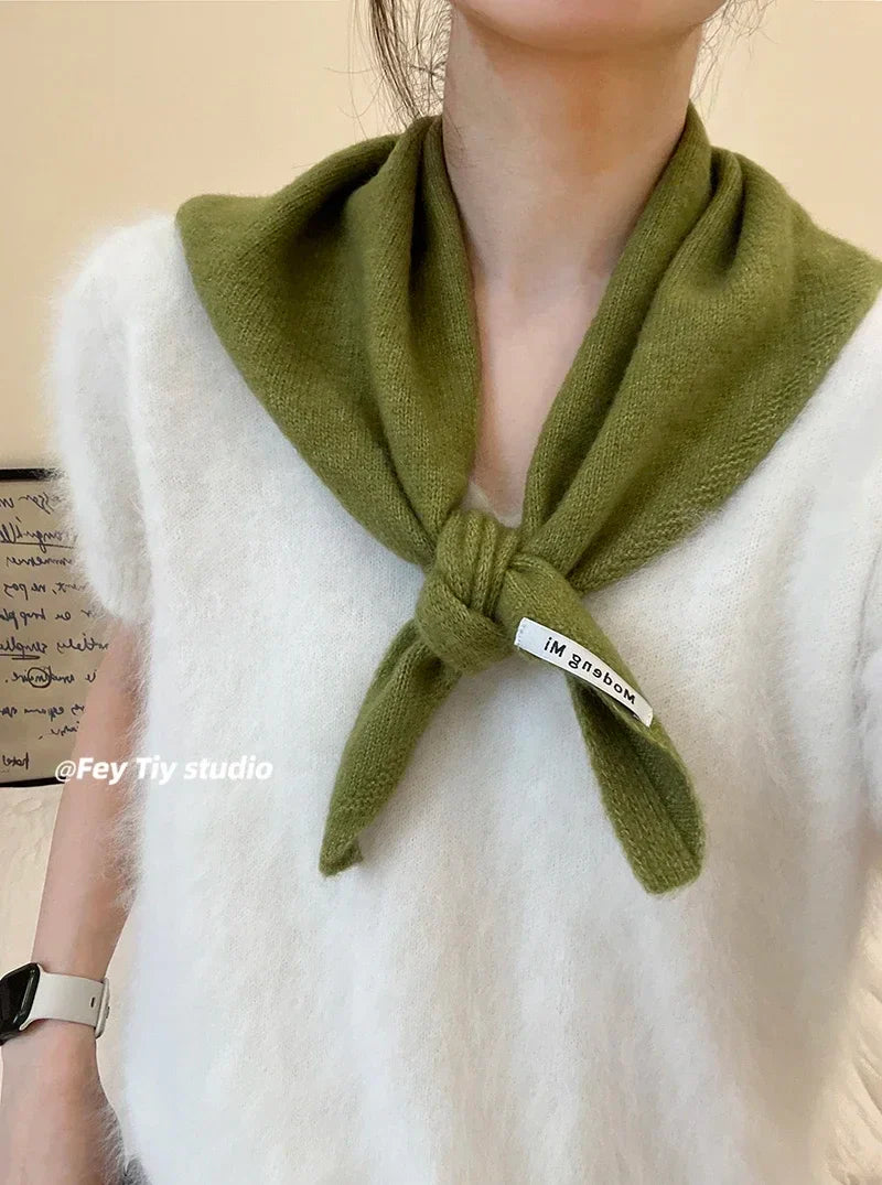 British Korean Style Wool Knitted Triangular Scarf – Multi-Functional Headscarf, Warm Knit Scarf for Women