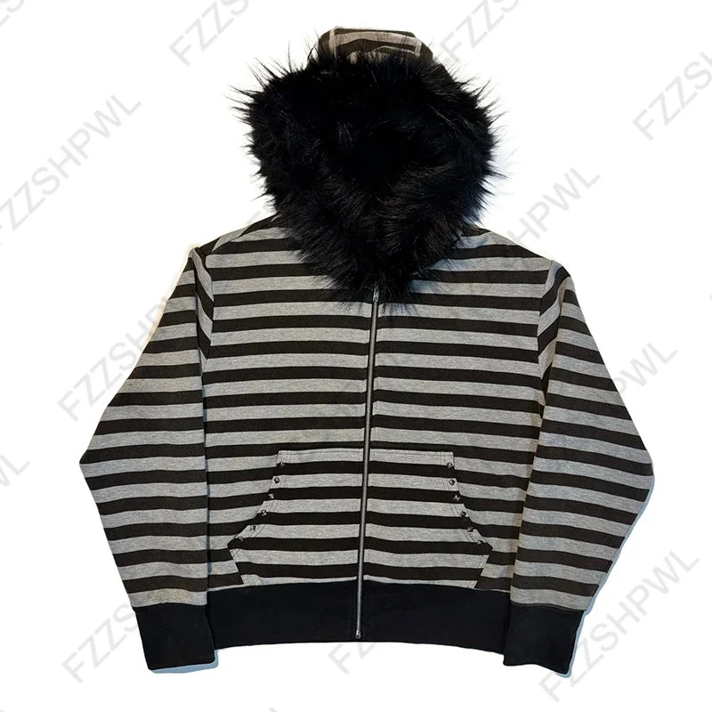 Y2K Harajuku Women's Fur Collar Hoodie – Slim Chic Solid Color Cardigan Sweatshirt, Goth Punk Streetwear