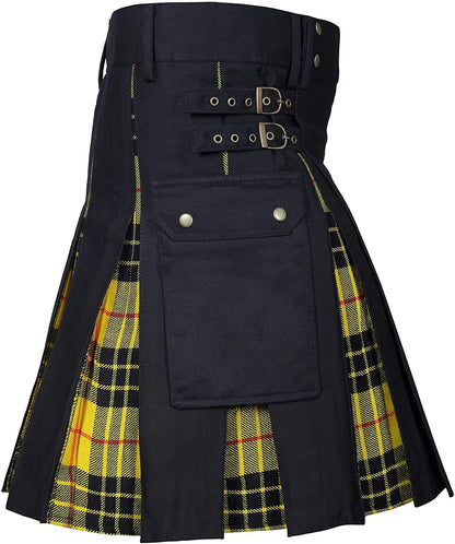 Men's Utility Hybrid Kilt - 100% Cotton Denim Tartan Style Box Pleated Traditional Kilt