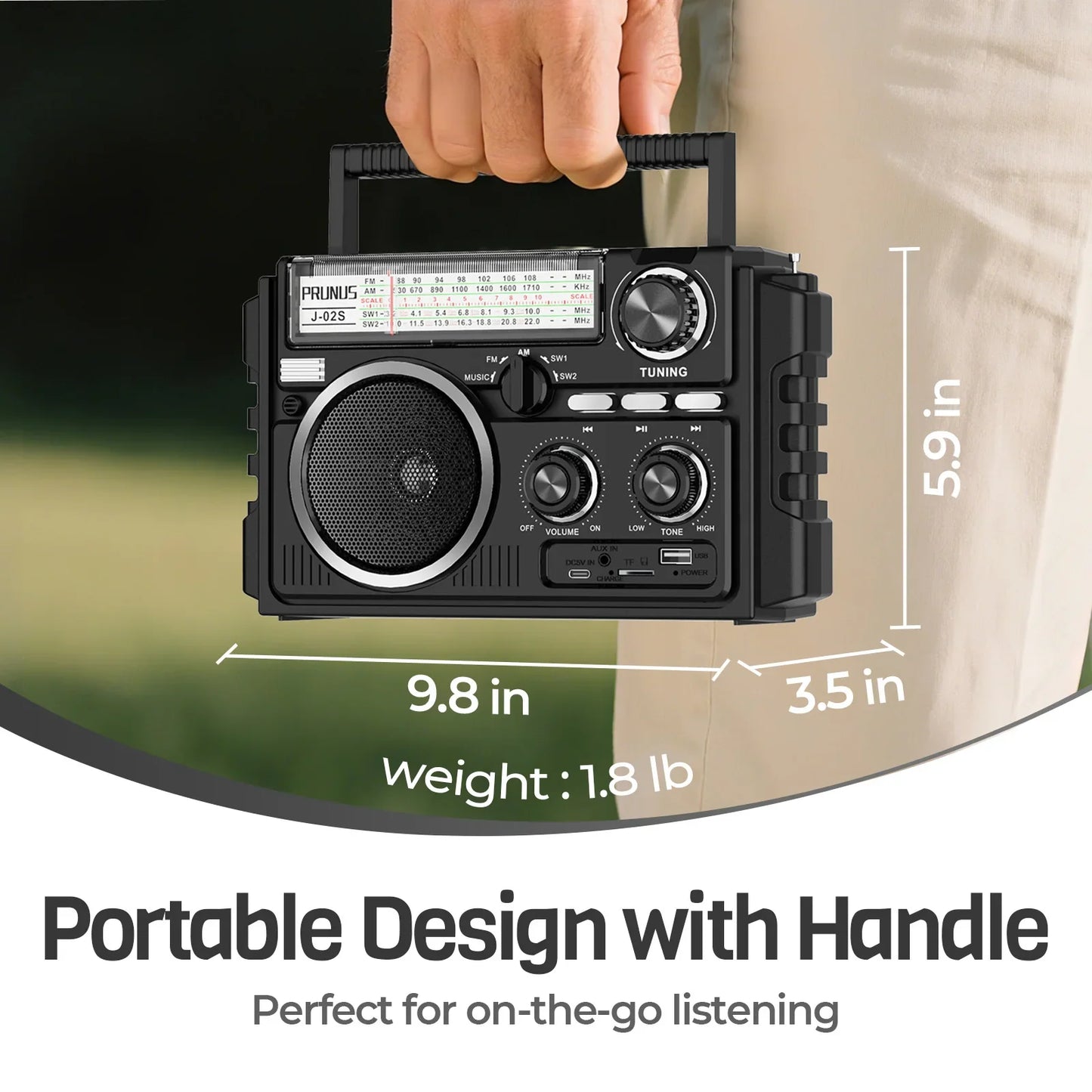 J-02S Portable AM/FM/SW Radio – Dual Antenna Solar Rechargeable 1800mAh Battery, Bluetooth Music Player for Outdoor Emergency Use