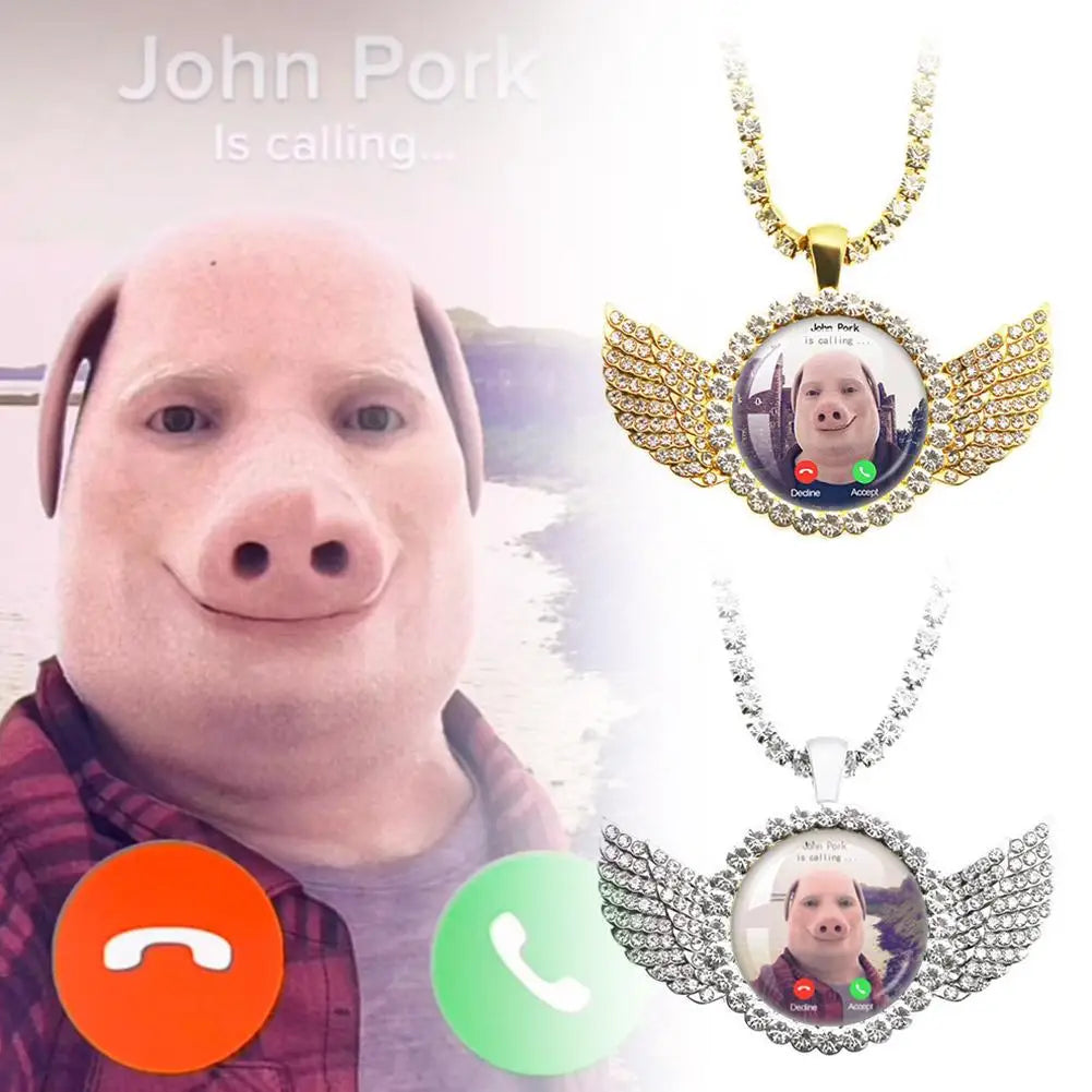 John Pork Calling Necklace - Funny Pig Lover Moon Pendant with Angel Wings Graphic Jewelry Gift