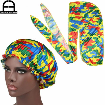 Camo Silky Durag & Bonnet Set - Ankara Print Sleeping Cap and Turban for Women
