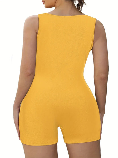 Plus Size Women’s Ribbed Yoga Jumpsuit - Square Neck Sleeveless Fitness Bodysuit for Summer Workouts