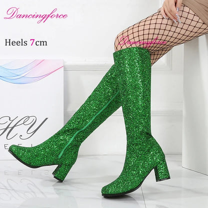 Women’s Retro Go-Go Knee-High Boots - Gold Glitter 7cm Chunky Heels 1960s–70s Costume & Cosplay Shoes, Plus Size EU46