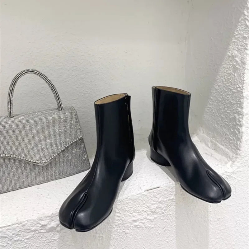 Women’s Genuine Leather Split Toe Ankle Boots - 2026 Autumn Winter Low Heel Luxury Fashion Shoes