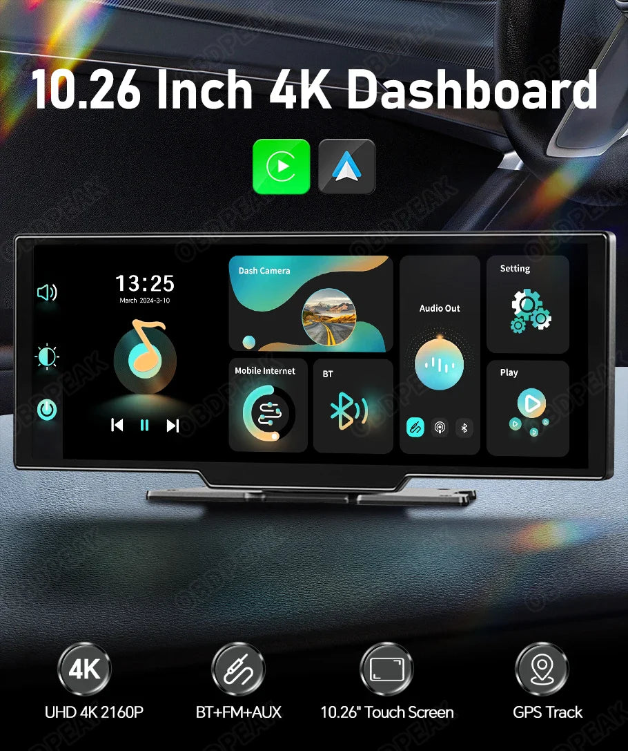 OBDPEAK K2 2.0 Dash Cam – 10.26" 4K Car DVR with CarPlay & Android Auto, GPS Navigation, Rearview Mirror Video Recorder