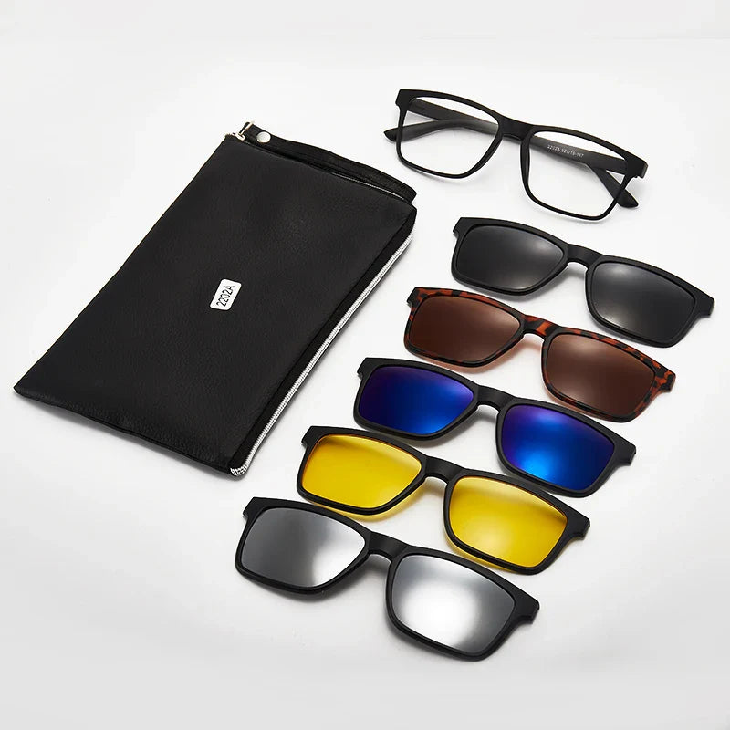 6-in-1 Polarized Magnetic Clip-On Sunglasses – Men & Women Sun Glasses with Frame & Bag