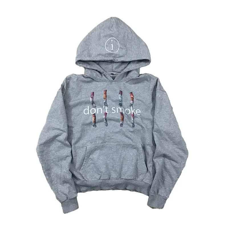 Y2K Gray Sports Hoodie — Retro Smoke Print Sweater, Unisex Vintage Hip Hop Streetwear Loose Jacket