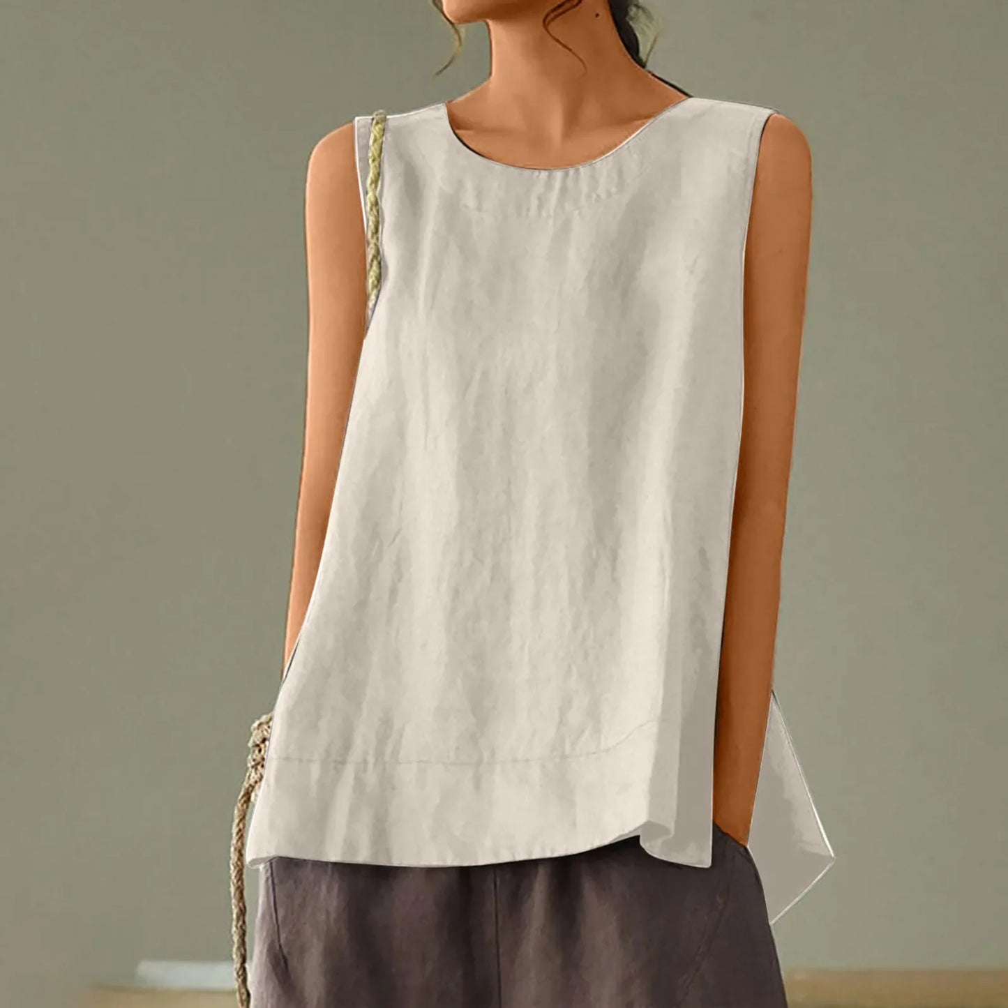 Women’s Summer Oversized Linen Vest Top - Retro Solid Color Sleeveless Round Neck Casual Breathable Shirt