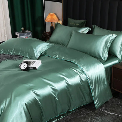 Silk Bedding Set With Duvet Cover - Luxury Satin Bed Sheet Pillowcase Set Solid Color King Queen Twin Size