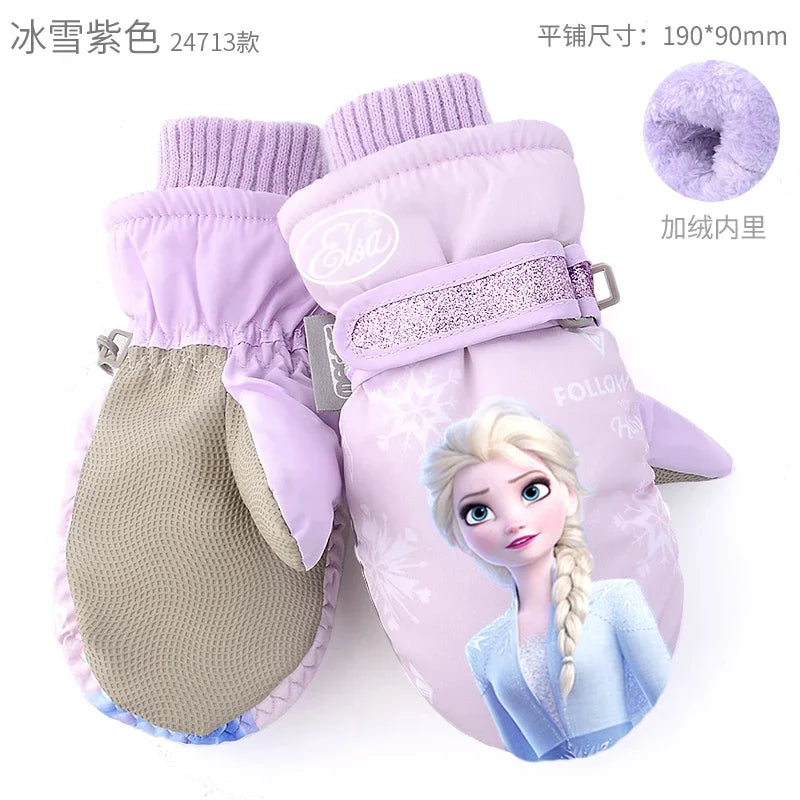 Hasbro Princess Elsa Finger Ski Gloves - Cute Kawaii Velvet, Thickened & Waterproof Gloves for Girls, Warm Winter Kids Gloves