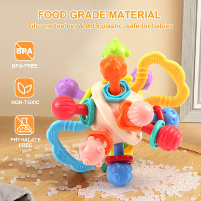 Soft Silicone Baby Rattle Ball Teether - Manhattan Round Hand Grab Toy for Infants 0M+ Teething Gift