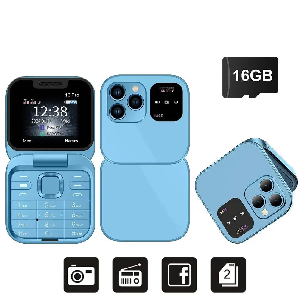 SERVO I16 Pro Mini Fold Mobile Phone — Dual SIM 2G GSM Flip Cellphone with Speed Dial, FM, 3.5mm Jack & Video Player