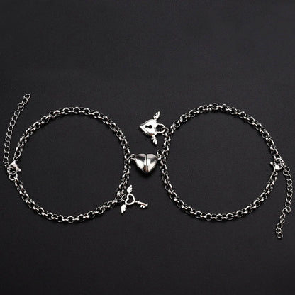 2-Piece Magnetic Couple Bracelet Set - Stainless Steel Heart Charm Cuban Chain Jewelry Gifts