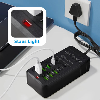Multi-Port USB Fast Charger - EU UK US Plug 10-Port Power Adapter with 6 USB-A & 4 USB-C Ports Cable