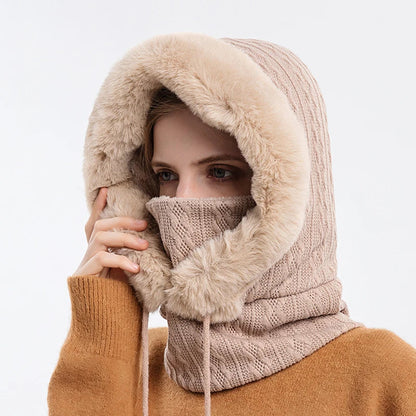 Winter Fur Cap Mask Set – Hooded Knitted Cashmere Neck Warmer, Plush Windproof Balaclava Ski Beanie for Women