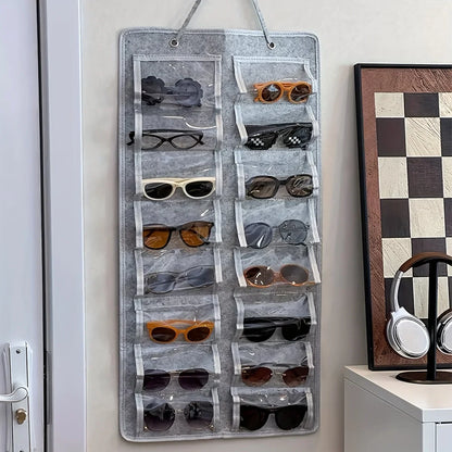 16 Slot Eyeglass Organizer - Felt Wall Mounted Sunglasses Holder with Dustproof Pocket Storage Display Bag