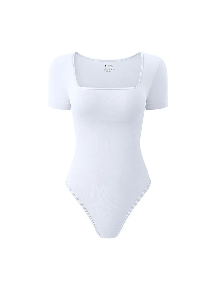 Women’s Early Autumn Square Neck Seamless Bodysuit – Short Sleeve Solid Color Body Shaping Jumpsuit Top