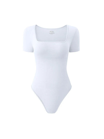 Women’s Early Autumn Square Neck Seamless Bodysuit – Short Sleeve Solid Color Body Shaping Jumpsuit Top