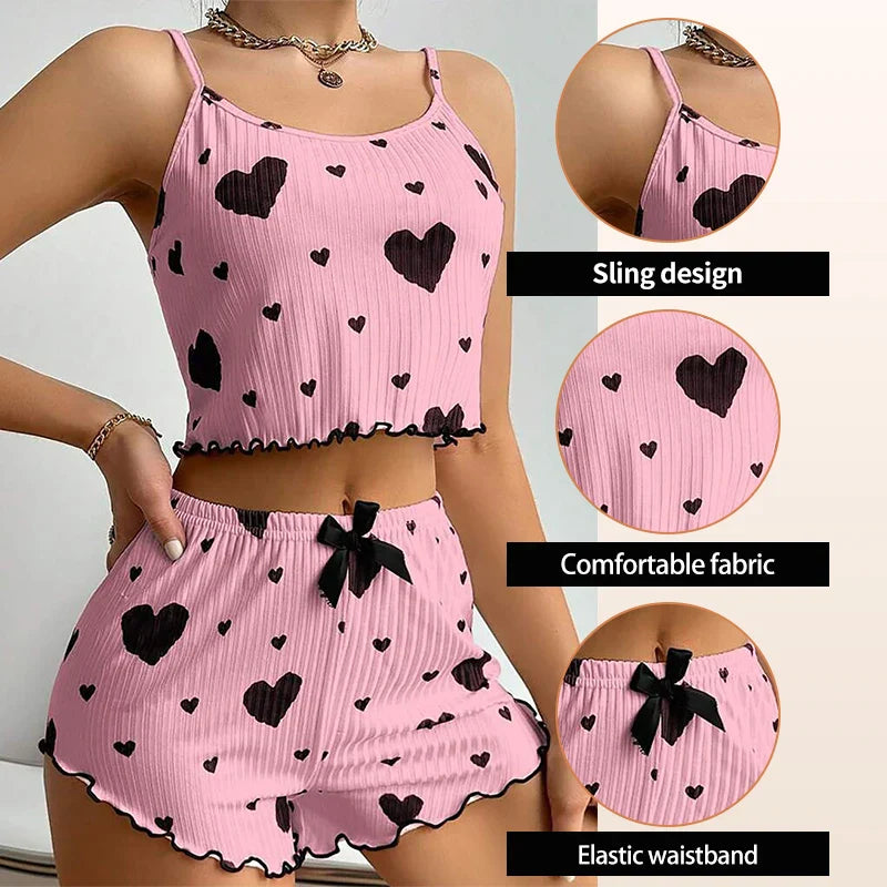 Women's 2PC Pajama Set – Soft Sleeveless Tank & Shorts | Casual Sleepwear with Love Print (S- L, White)