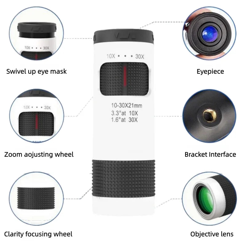 10-30x21 Zoom Mini Monocular Telescope - Compact Portable Spotting Scope for Camping, Hunting & Travel