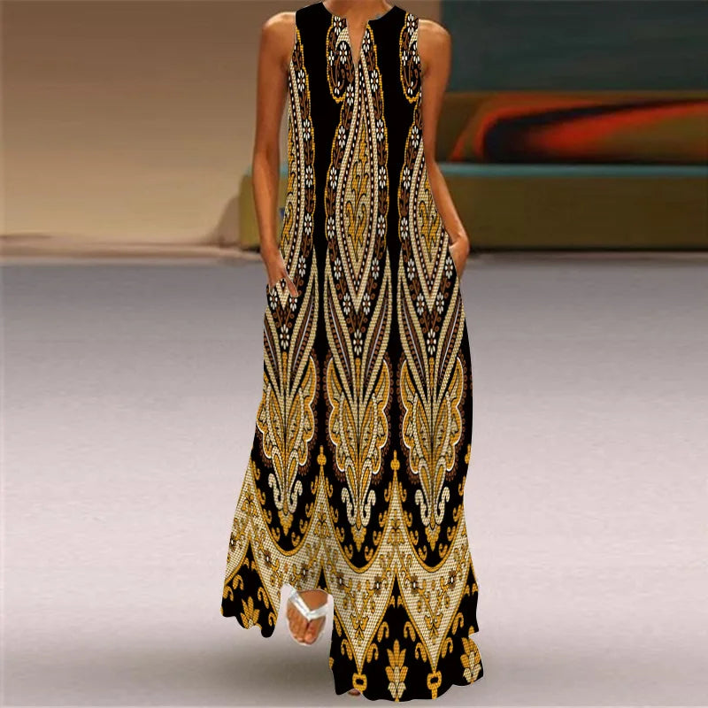 Vintage Boho Maxi Dress - Women's Summer V Neck Sleeveless Long Sundress with Pockets